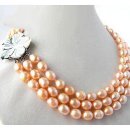 3Strands 18'' 9MM Pink Rice Freshwater Pearl Necklace