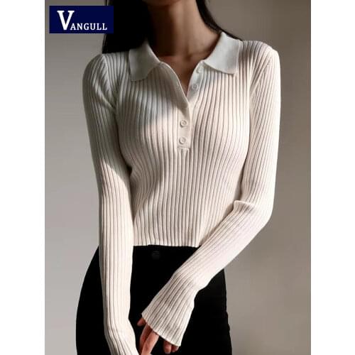 Vangull Solid Knitted Pullovers Women Spring Autumn Vintage Lapel Single-breasted Short Slim Sweater Tops Female Basic Knitwear