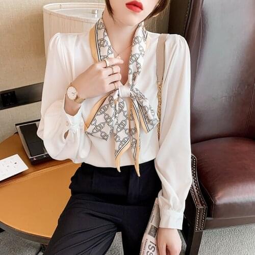 2021 Elegant Autumn Fashion Women Blouse Vintage Bow Tie Long Sleeve Chiffon Office OL Casual White Shirts Mujer De Moda