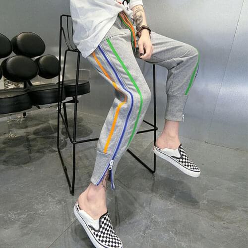 Casual Sports Pants Women Loose Zipper Beam Feet Pants 2021 Summer Side Stripes Large Size High Waist Lace up Nine Points Pant