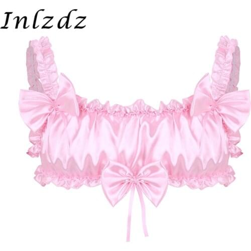 Mens Sissy Lingerie Bra Top for Sex Satin Ruffled Frilly Elastic Wide Shoulder Straps Backless Wire-free Erotic Hot Sexy Bra Top