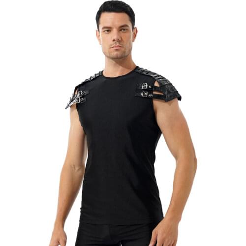Men Gothic Punk Glossy Shoulder Armour T-shirt Round Neck Tops Adjustable Buckled Straps Gym Sport Tanks Workout Fitness Tops