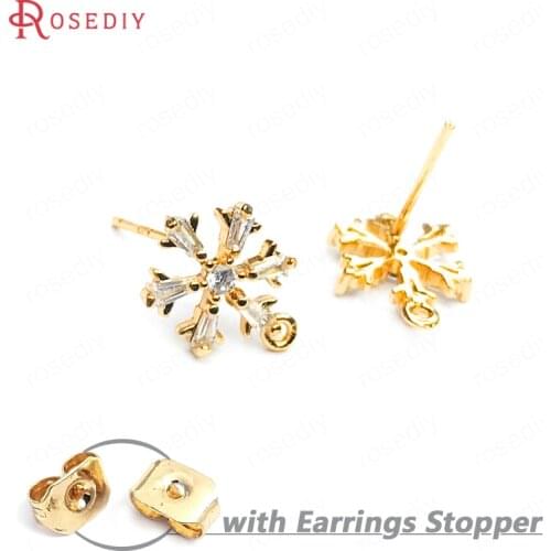 F064)4 pieces 9.5mm 24K Gold Color Brass + White Zircon Snowflake Stud Earrings High Quality Diy Jewelry Findings Accessories