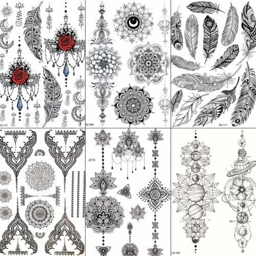 FANRUI Feather Chians Rose Sexy Black Henna Temporary Tattoo Sticker Lace Fashion Mehndi Fake Tatoo Body Art Arm Tattoo DIY