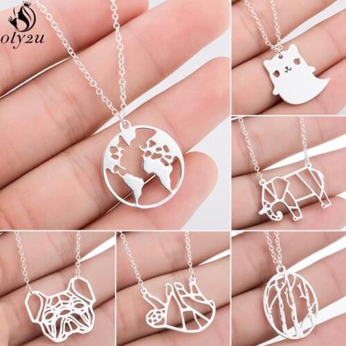 Punk Stainless Steel Animal Dog Pendant Necklace Women Men Jewelry Cute Ghost Koala Choker Round World Map Collier Wholesale