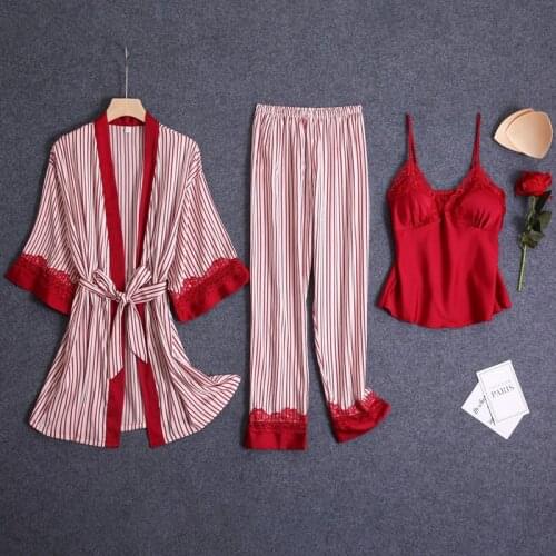 3 Piece Set Sexy Robe + Sling Shirt + Long Pant Sleepwear Women Spring Autumn Silk Nightwear Pajamas Suit Striped Lace Pijama