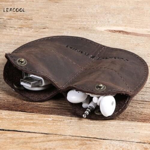 Genuine Leather Coin Purse Mini Small Money Change Bag Men Women Bluetooth Earphone Line Cable Cover Case Protector