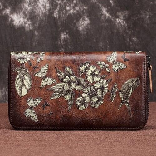 Female Purse Wrist Bags Floral Printing Money Clips Clutch Handy Zipper Bag Multi-Cards Genuine Leather Women Long Wallets