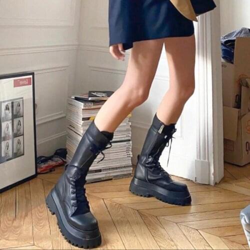 Handsome Motorcycle Boots Women 2021 Autumn Thick Bottom Platform Shoes Lace-up Mid-calf Martin Boots Leather Shoes Botas Mujer