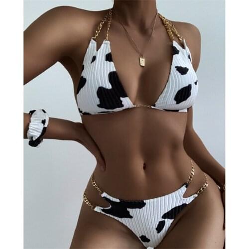 Chain Bikini Swimwear Women 2021 Sexy Backless Bandage Swimsuit Female 2 Pieces Cow Print Swim Bathing Suit Women Biquini Set