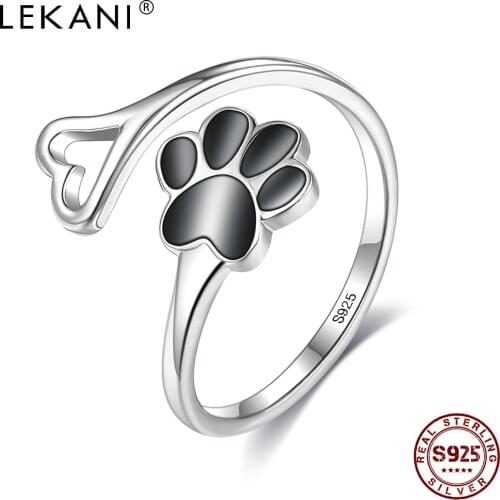 LEKANI 925 Sterling Silver Paw Dog Footprint Heart Rings Black 5A Clear Cubic Zirconia Adjustable Ring For Women Fine Jewelry