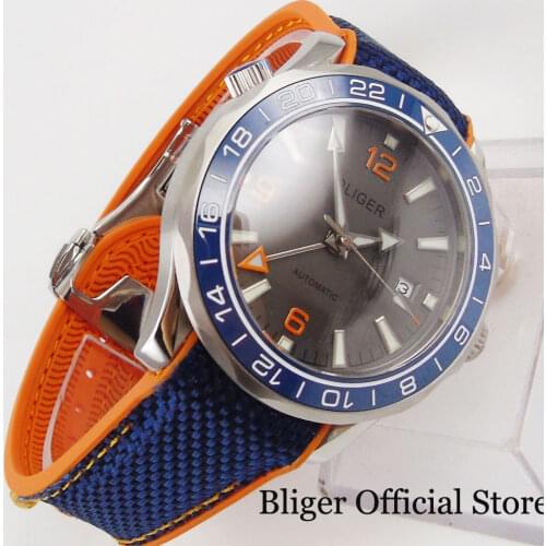 BLIGER Sapphire Glass Mechanical Men Watch GMT Hand Date Window Rubber Band Rotating Bezel