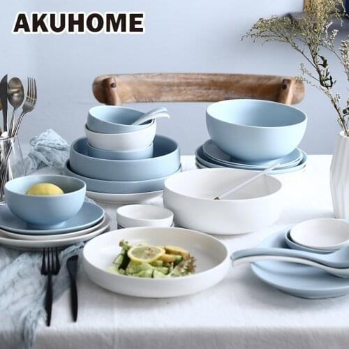 Nordic Style Solid Bowls Ceramic Dishes And Plates Sets Dinner Plates White Blue Tray For Food Household Gift AKUHOME