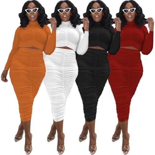 2021 Autumn And Winter Women Two Piece Outfit Set Sexy Pleated Long Sleeved Turtleneck Top And Skirts Two Piece Set