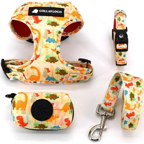Adjustable Pet Dog Collar Durable Soft Cute Creative Colored Dinosaur Design Leash Neoprene Harness With Poop Bag Dispenser