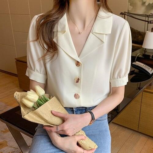 Chikichi Suit Collar Professional Shirt Women Short-sleeved Summer Korean Fashion Design Ladies Chiffon Button Up Blouse Women