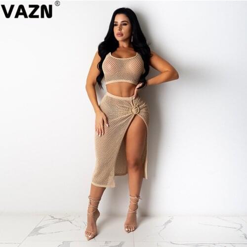 VAZN 2020 New O-neck Two Piece Set Transparent Mesh Fabric 2 Piece Set Women Sleeveless Top And Skirts Summer Sport Sets