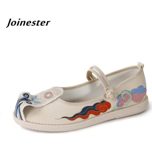 Summer Women Cotton Fabric Mary Jane Flats Ladies Button Strap Casual Dancing Shoes Ethnic Embroidered Sandals for Girls