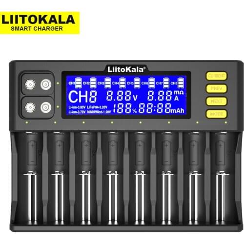 LiitoKala Lii-S8 LCD Battery Charger Li-ion 3.7V NiMH 1.2V Li-FePO4 3.2V IMR 3.8V for 18650 26650 21700 26700 AA AAA 9V