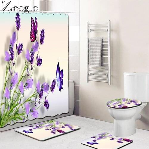 Zeegle 3D Floral Printed Microfiber Bath Mat With Waterproof Polyester Shower Curtain Toilet Floor Mat Water Absorbing Bath Rugs