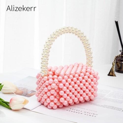 Three-dimensional Small Square Box Pearls Handbag Women 2021 New Summer Hand Woven Hollow Out Beaded Mini Day Clutch Purse Cute