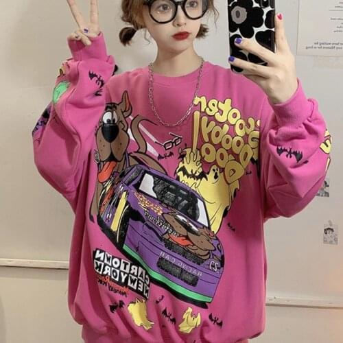 Women Hoodies Autumn 2020 Funny Cartoon Car & Dog Print Sweatshirt Oversized Streetwear Sweatshirts Hip Hop Cool Pullover Tops