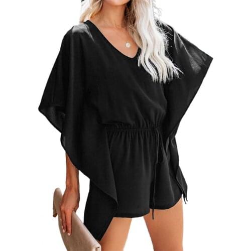 Womens Bowknot Drawstring Solid Chiffon Short Sleeve Shorts Jumpsuit Batwing Sleeve Casual V-neck Comfort Summer Rompers