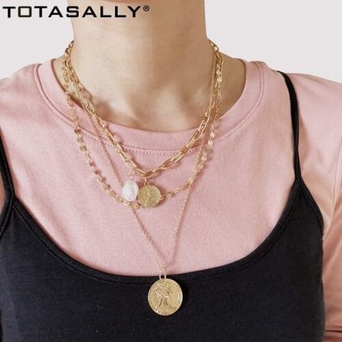 TOTASALLY Vintage Coins Pendant Necklaces INS Hot Chain Simulated Pearl Charms Women Collar Necklace 2020 Top Jewelry dropship