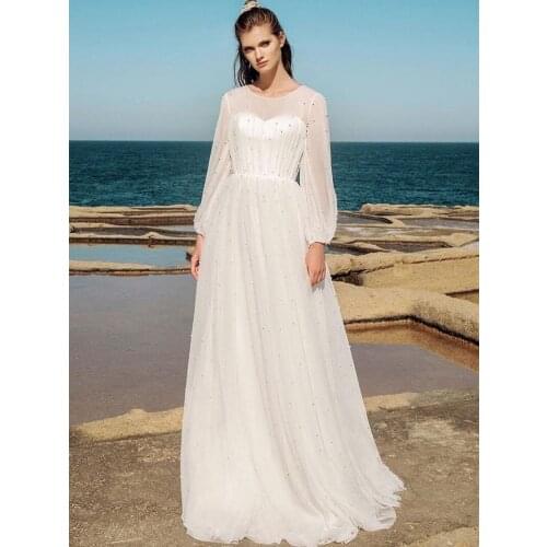 Fanweimei Simple Summer Beach Tulle O-Neck Sweep Train Wedding High Quality Long Sleeve Pearls Bridal Gowns Vestido De Novia