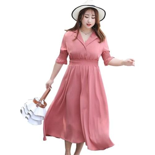 Plus size 4XL Summer Dress Women Short sleeve Chiffon Maxi Dresses Female Elastic waist Solid color Suit collar Dress Vestidos