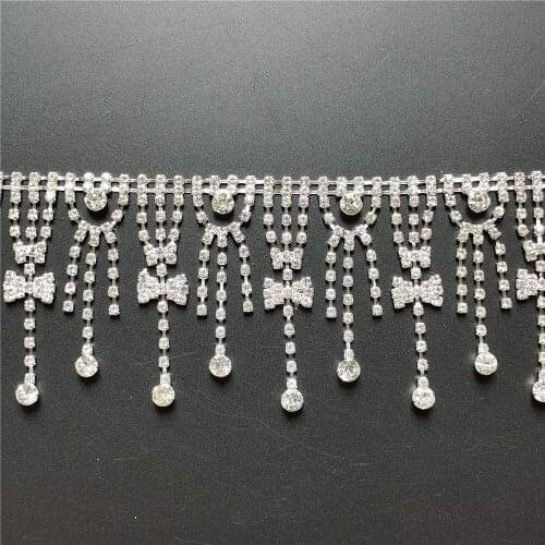 1 Feet Tassel Crystal Rhinestone Fringe Trim Silver Bow Crystal Decorative Metal Chain For Clothes Dress Bag Shoes Accessories