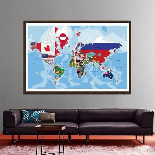 150x225cm Non-woven World Physical Map With National Flags Plate For Office And School Wall Decor