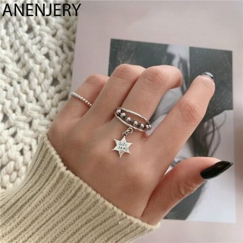 ANENJERY 925 Sterling Silver Mutil-layer Pentagram Pendant Thai Silver Ring Open Finger Ring For Women Jewelry Gifts S-R736