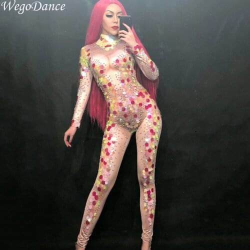 Sparkly Colorful Crystals Sexy Rompers Show Costume Female Singer Stage Wear Rhinestones Stretch Outfit Womens Skinny Jumpsuit