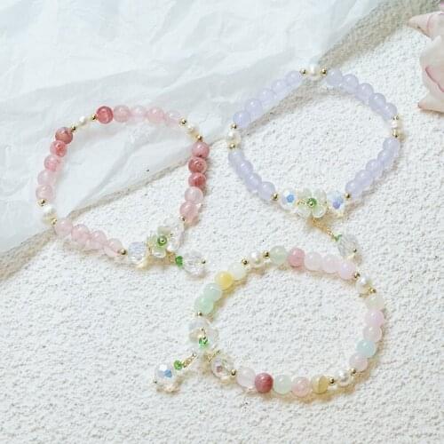Pink/Purple/Multicolor Flower Crystal Natural Freshwater Pearls Beaded Bracelets Bangles for Women Fashion Jewelry Gifts YBR416