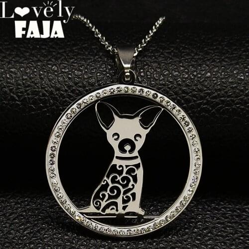 2021 Chihuahua Crystal Stainless Steel Chain Necklace for Women Silver Color Statement Necklace Jewelry collier femme N128S03