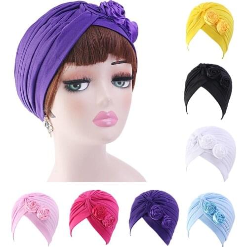 Double Flower Turban Indian Muslim Hijab Women Chemo Cap Pleated Cancer Hat Beanie Bonnet Hair Loss Cover Stretch Headwear Caps