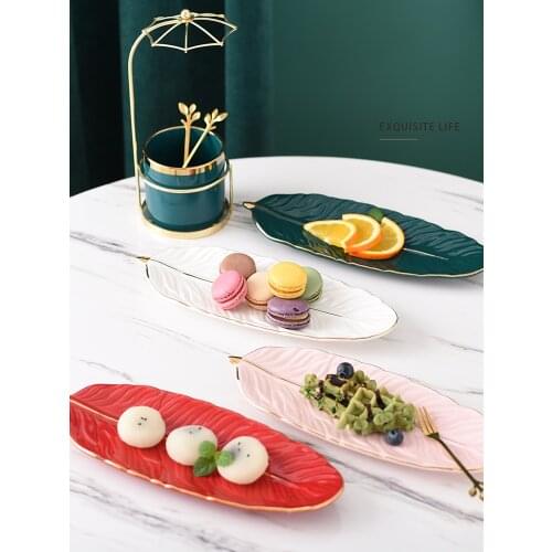 Leaf Ceramic Gold Rim Cake Candy Dessert Plate Cosmetic Jewelry Storage Tray Key Watch Place Feather Plates Serving Dinner Plate