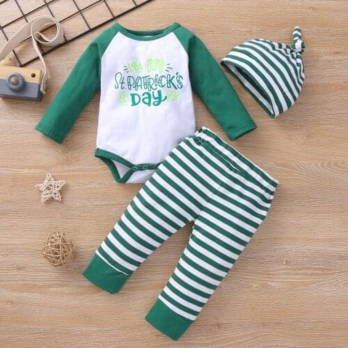 3 Pcs Baby Girls Boys 1st St. Patricks Sets Round Neck Long Sleeve Romper Stripe Loose Pants Hat Infant Toddler Outfits 0-12M