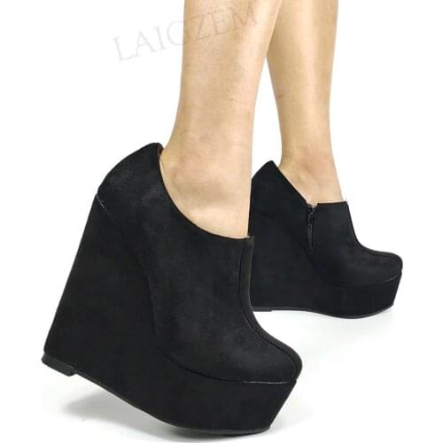 LAIGZEM FASHION Women Platform Wedge Booties Height Increasing Ankle Boots Handmade Unisex Shoes Woman Large Size 43 48 50 52