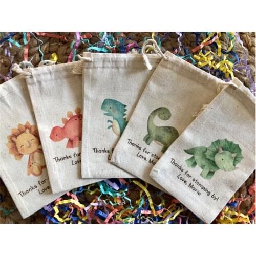 Dinosaur party favor bags custom Baby Shower animal gift bag kid birthday muslin welcome Treat Bags candy bag Teapot baptism bag
