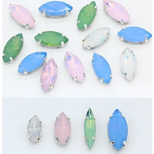 Fashion Opal Stones Navette Horse eye shape Glass Crystal Sew On Rhinestones With Silver Claw For Sewing Clothing wedding Diy