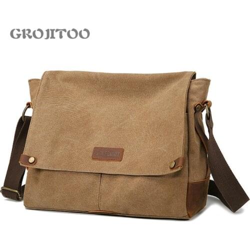 GROJITOO New straddle bag mens casual canvas shoulder bag crazy horse skin postman bag Large capacity shoulder bag