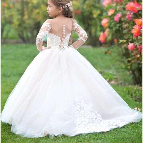 Pageant Lace First Communion Girl Dress Sheer Long Sleeve Holy Flower Girl Dress for Wedding Vestido De Fiesta De Boda