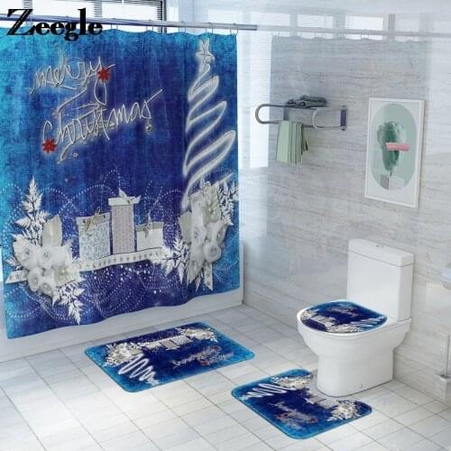 Christmas Style Bathroom Carpet Rug Set Non-slip Floor Mat Set Shower Curtain and Bath Mat Set Absorbent Toilet Mat Set