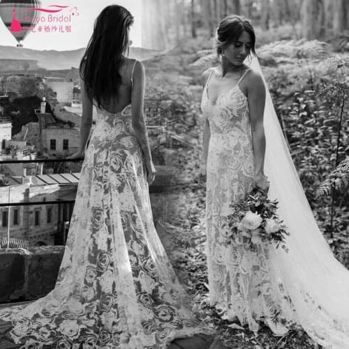 Simplicity Luxury Intrigue Wedding Dresses Stunning Contemporary Rose Pattern Embroidery Boho Bridal Gelinink nude lining ZW104