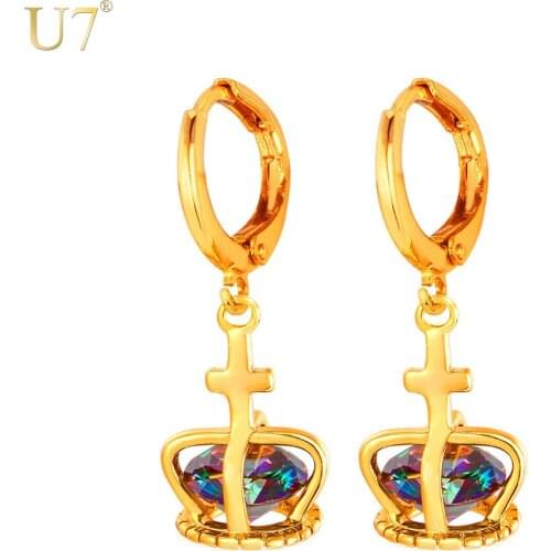 U7 Crystal Charms Earrings Gold Color Zirconia Cross Link Unique Lantern Drop Earrings For Women Jewelry E764