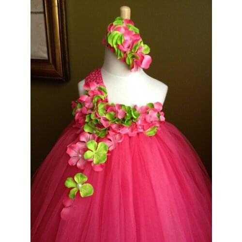 Hot Pink Girls Flower Petals Tutu Dresses Kids Fluffy Tulle Tutus Single Shoulder Ball Gown with Headband Children Party Dress