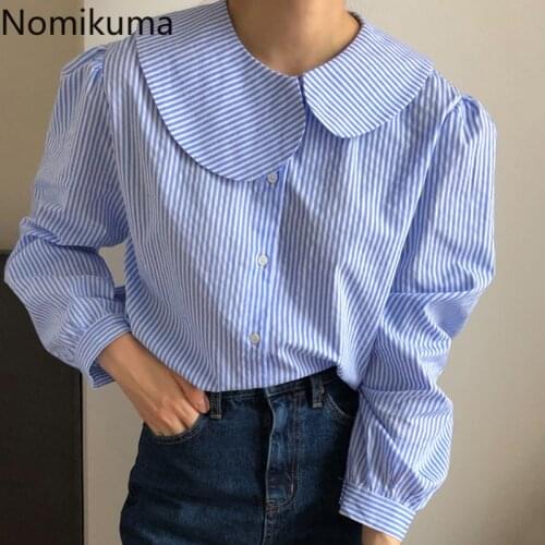 Nomikuma Striped Women Blouse Sweet Peter Pan Collar Korean Sweet Shirt 2021 Spring New Causal Puff Sleeve Blusas Mujer 6E003