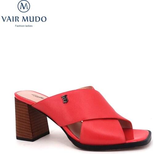 VAIR MUDO 2021Summer Women Sippers Genuine leather Comfortable Open Toe Thick High-HeeledLady Pink Square-Heeled Sandals LT1